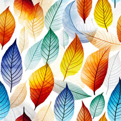 Obraz premium Many leaf colored leaves in a pattern on white, in the style of translucent geometries, textured backgrounds сreated with Generative Ai