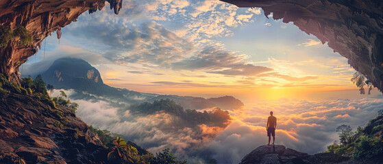 A man stands on the edge of an ancient cave, gazing out at the sunrise over clouds and mountains - obrazy, fototapety, plakaty