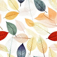 Obraz premium Many leaf colored leaves in a pattern on white, in the style of translucent geometries, textured backgrounds сreated with Generative Ai