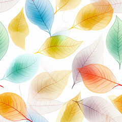 Fototapeta na wymiar Many leaf colored leaves in a pattern on white, in the style of translucent geometries, textured backgrounds сreated with Generative Ai