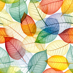 Obraz premium Many leaf colored leaves in a pattern on white, in the style of translucent geometries, textured backgrounds сreated with Generative Ai