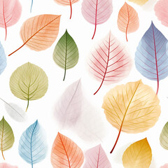Obraz premium Many leaf colored leaves in a pattern on white, in the style of translucent geometries, textured backgrounds сreated with Generative Ai