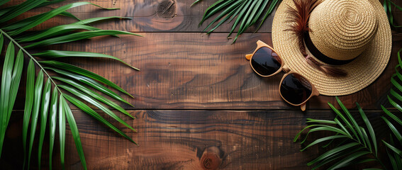 Summer Vibes, Sunglasses and Hat on Wooden Background