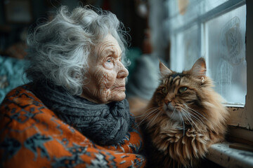 close up portrait senior elderly very old sad woman feeling lonely at poor room house interior with domestic cat looking at one window  dramatic style, AI