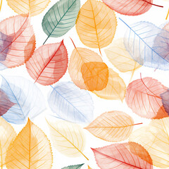 Obraz premium Many leaf colored leaves in a pattern on white, in the style of translucent geometries, textured backgrounds сreated with Generative Ai