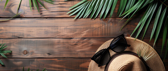 Summer Vibes, Sunglasses and Hat on Wooden Background