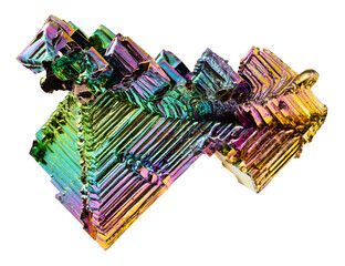 close up of sample of stone from geological collection - bismuth stairstep crystal structure with iridescent colors isolated on white background