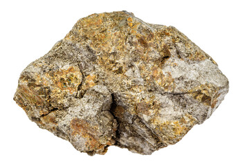close up of sample of natural stone from geological collection - rough pyrite mineral isolated on white background