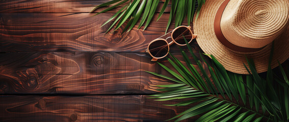 Ready for Sun, Straw Hat and Sunglasses on Rustic Wood