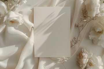 An elegant blank invitation card surrounded by soft flowers and draped fabric. Ratio 5x7