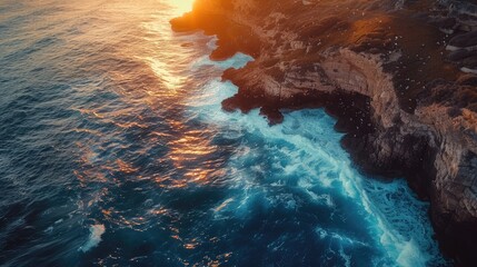 Aerial view of a rocky coastline bathed in the warm glow of the setting sun with waves crashing against the cliffs.