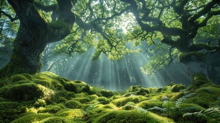 Sunlight filters through an old mossy forest, casting light beams onto the vibrant green...