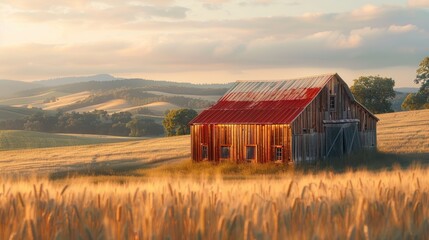 A rustic barn basks in the warm glow of golden hour amidst rolling agricultural hills.