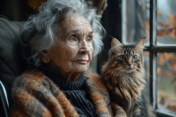 close up portrait senior elderly very old sad woman feeling lonely at poor room house interior with domestic cat looking at one window  dramatic style, AI