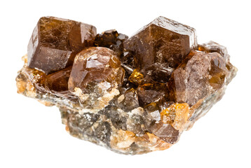 close up of sample of natural stone from geological collection - cluster of raw hessonite grossular mineral isolated on white background from Middle Urals