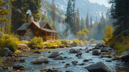 Foto op Canvas A wooden cabin beside a sparkling river amidst mountains and a sunlit forest. © Jonas