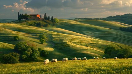 A serene view of rolling green hills, a farmhouse, and grazing sheep bathed in the warm light of sunset. - obrazy, fototapety, plakaty