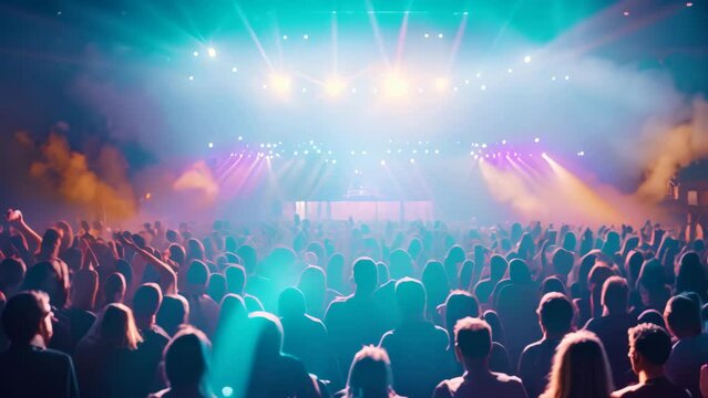 Concert crowd in front of a bright stage with lights and smoke, Concert crowd in front of bright stage lights - 3D render, AI Generated