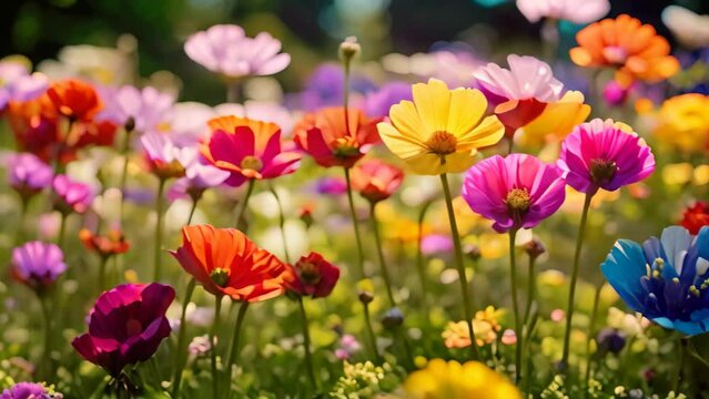 Colorful cosmos flowers blooming in the garden on sunny summer day, Colorful wildflowers blooming in a garden on a sunny day, AI Generated