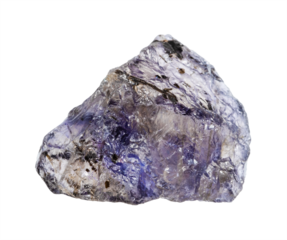 close up of sample of natural stone from geological collection - raw iolite mineral isolated on white background from Madagascar