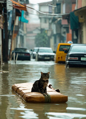 Cat's Journey Floating on a Raft Through the Flooded Streets of the City