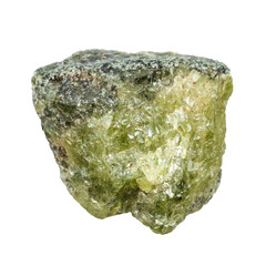 close up of sample of natural stone from geological collection - raw green sphene mineral isolated on white background from Pakistan
