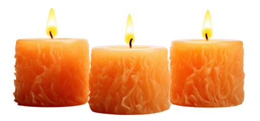 Three pillar candles with flames illuminated, cut out