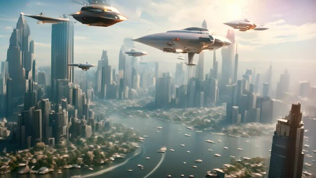 Futuristic city and UFO flying over it. 3D rendering, Create a futuristic cityscape of Asuncion, where drones and flying cars seamlessly navigate the skies above architectural marvels, AI Generated