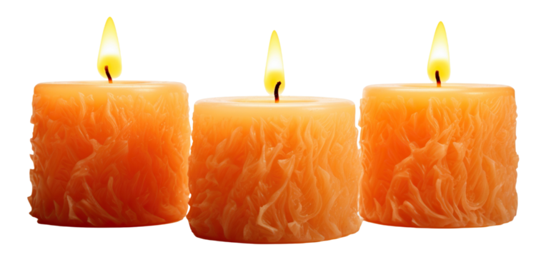 Three pillar candles with flames illuminated, cut out