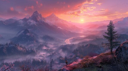 A vibrant sunrise with shades of pink and orange illuminates a mist-covered mountainous landscape.