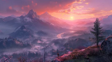 Crédence de cuisine en verre imprimé Matin avec brouillard A vibrant sunrise with shades of pink and orange illuminates a mist-covered mountainous landscape.