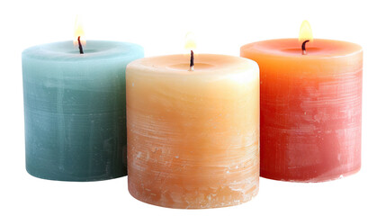 Three pillar candles with flames illuminated, cut out