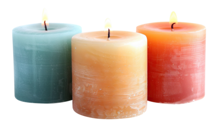 Three pillar candles with flames illuminated, cut out