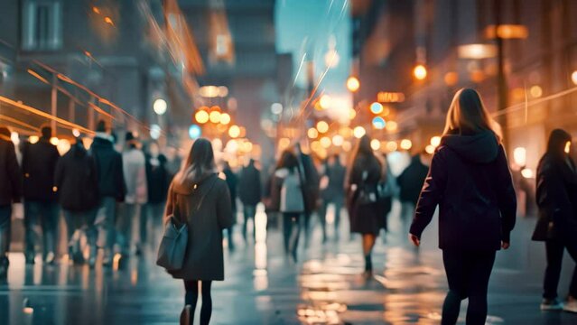 Woman walking on the street at night in the city. Blurred background, Crowd of people walking in the city at night. Blurred background, AI Generated