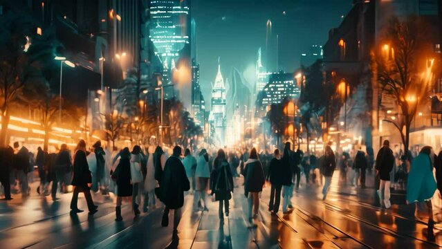 Crowd of people walking in the street at night, motion blur, Crowd of people walking in the city at night. Blurred background, AI Generated
