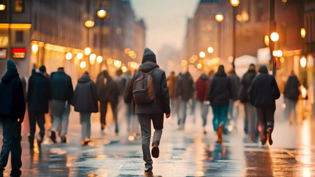 Crowd of people walking on the street in the evening at sunset, Crowd of people walking in the city at night. Blurred background, AI Generated