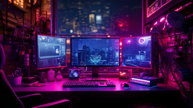 3D rendering of a gamer workspace with a lot of gaming equipment, Cyberpunk gamer workspace with computer and mouse. 3d rendering, AI Generated