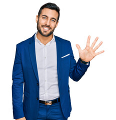Young hispanic man wearing business jacket showing and pointing up with fingers number five while...