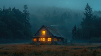 A cozy cabin with glowing windows is nestled in a misty forest clearing as twilight sets in.