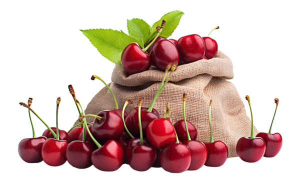 Ripe red cherries in a burlap sack, cut out