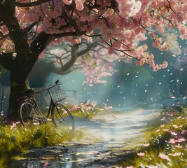 Resting beneath a canopy of cherry blossoms in full bloom, a bicycle awaits its rider in a serene Japanese garden. The delicate pink petals drift lazily to the ground