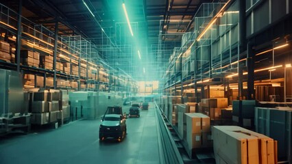 Double exposure of warehouse with boxes and forklift. Logistics and transportation concept, digital warehouse with electronic grids connected - Powered by Adobe