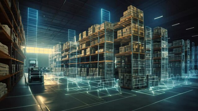 3d rendering of warehouse with buildings and a forklift in the background, digital warehouse with electronic grids connected