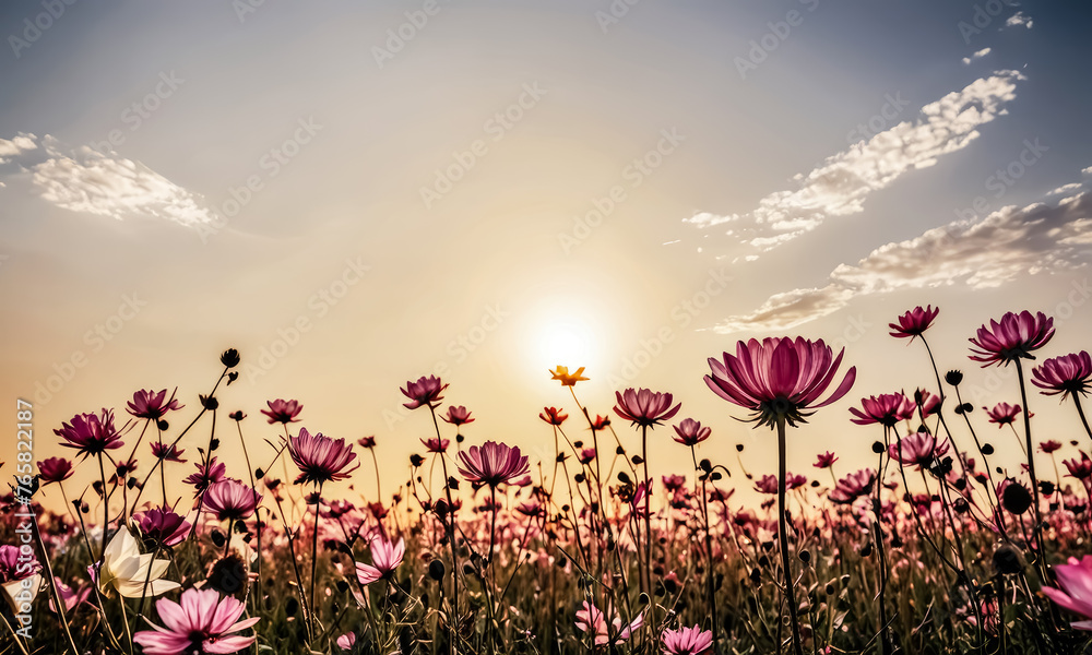 Wall mural sunset cosmos field: vintage pink and red nature background - Wall murals