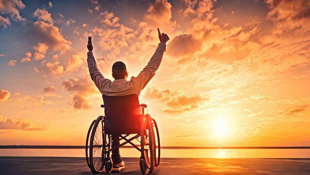 Silhouette of a man in a wheelchair on the beach at sunset, Disabled handicapped man has a hope. He is sitting on wheelchair and stretching hands at sunset, AI Generated