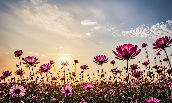 Vintage Landscape: Pink and Red Cosmos Flower Field at Sunset