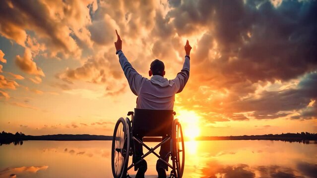 Silhouette of a disabled man in a wheelchair at sunset, Disabled handicapped man has a hope. He is sitting on wheelchair and stretching hands at sunset, AI Generated