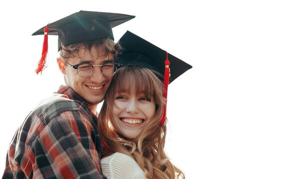 A portrait of the two young beautiful student with graduation hat on the head .