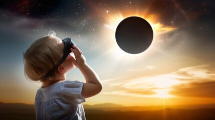 People witnessing total solar eclipse in sky. Concept of people, weather, science and space. - obrazy, fototapety, plakaty