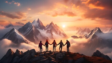 A breathtaking scene of a group of people reaching the summit of a mountain while holding hands in a breathtaking mountain sunset - obrazy, fototapety, plakaty